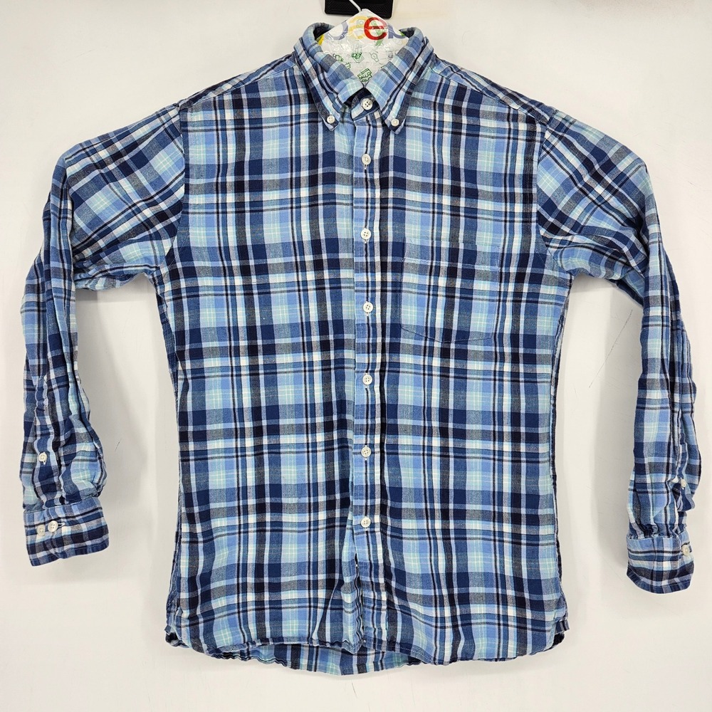 Brooks Brothers Shirt Mens Small Button Down Blue Plaid‎ Red Fleece Linen Blend